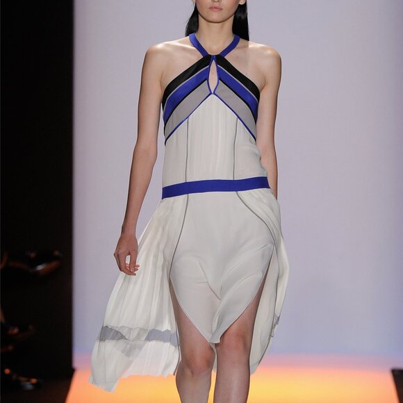 BCBG Max Azria Runway Voletta Talc Color-Blocked Halter Dress - Picture 1 of 10